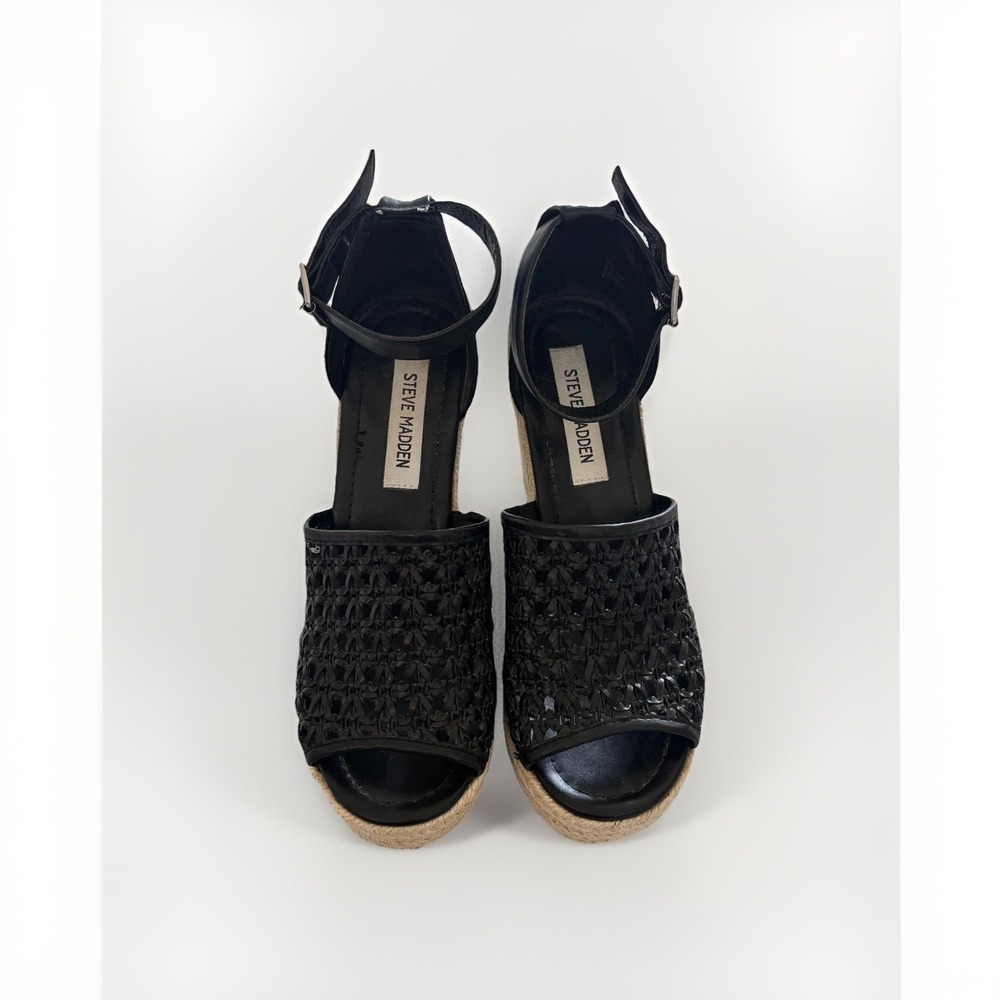 Steve Madden Espadrille Wedge Sandal Shoes Womens 7.5 Black Ankle Strap Platform